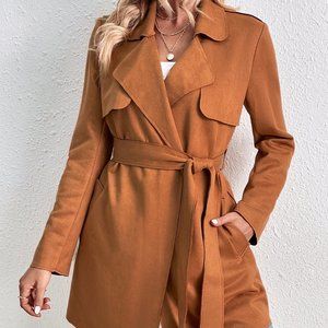 Brand New Lapel Neck Belted Trench Coat Brown